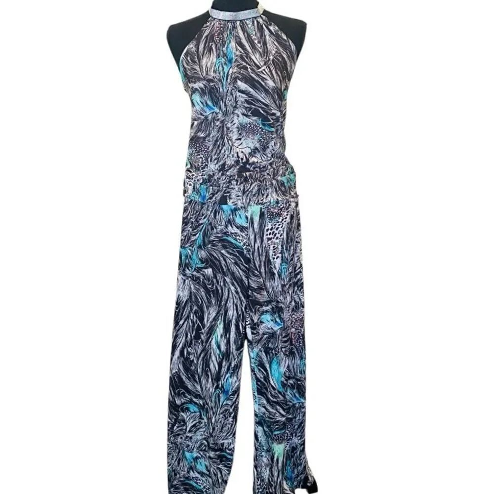 Julian Chang Halter Wide Leg Abstract Print 2-Piece Pants Top Set Black Blue XS
